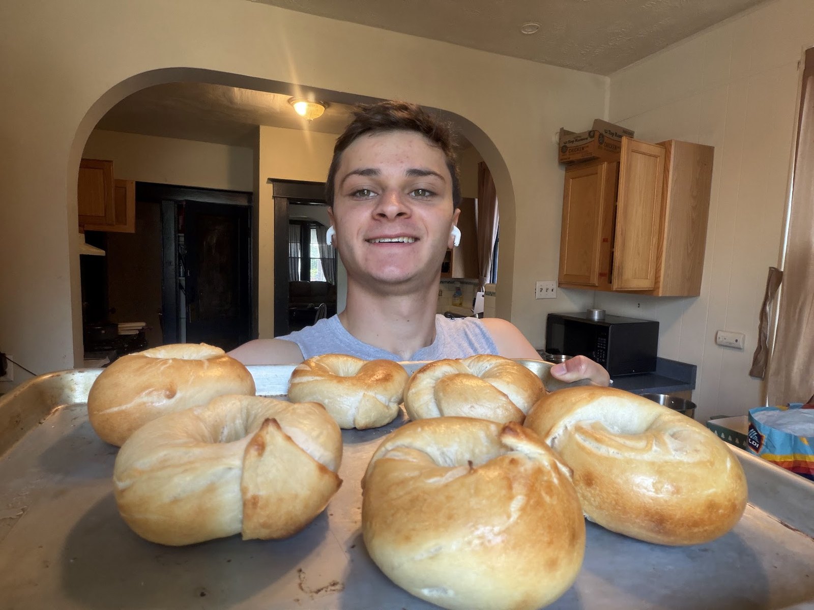 A tray of freshly baked bagels.